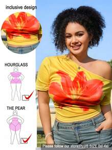 SHEIN EZwear 大码不对称露肩大花卉印花 T 恤，适合春夏海岛度假 - 黃色 - 查看 1