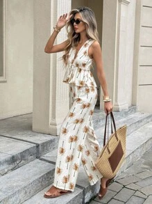 Serisse 2 Stücke/Set Damen Urlaubsresort Palmendruck Tiefer V-Ausschnitt Ärmellos Sommer Shirt und Hose Sommeroutfit für Damen Zweiteiler Damen Urlaubsoutfit Damen Strandoutfit für Sommer Urlaub Damen Resort Wear, Sommer Sets