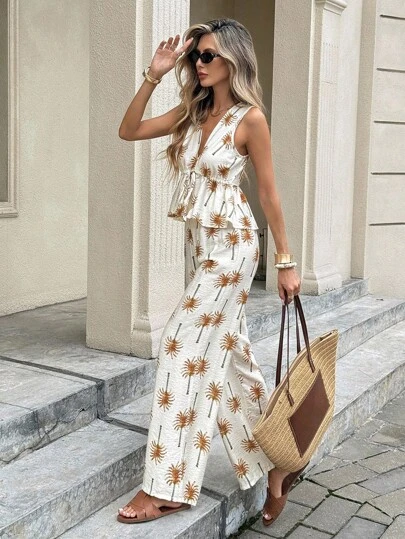 Serisse 2 Pieces/Set Women's Holiday Resort Palm Tree Print Deep V-Neck Sleeveless Summer Shirt And Trousers Summer Outfits For Women Two Pieces Set Women Vacation Outfits Women Beach Outfits For Woman Summer Vacation Outfits Women Beach Women Outfits Vacation Outfits Women Resort Wear, Summer Sets