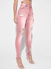 Selenza Relaxed Distressed Cat Whisker Skinny Fit Jeans - Pink - View 5