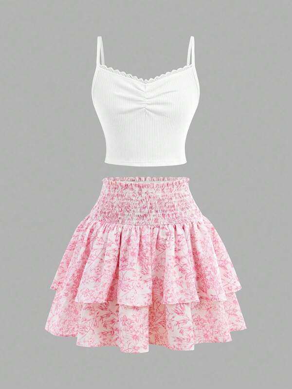 SHEIN Girlism Tween Girls Casual 2 Pieces Set: Comfortable Camisole Top And Floral Print A-Line Skirt