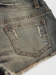 ROMWE Grunge Punk Y2K Style America Flag Rhinestone Decor Retro Washed Denim Skinny Shorts