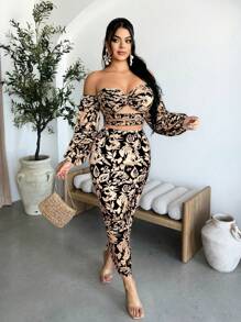 SHEIN SXY 休闲时尚全身印花性感露肩女式上衣 - 黑色 - 查看 5