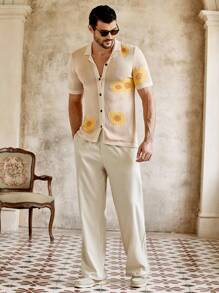 Manfinity VCAY Cárdigan de punto de manga corta ajustado para hombre con diseño jacquard calado, suéter de punto de otoño, camisa floral de verano para hombre, camisa floral abotonada para hombre, camisa floral de punto para hombre, camisa de girasol para hombre - Albaricoque - Ver 4