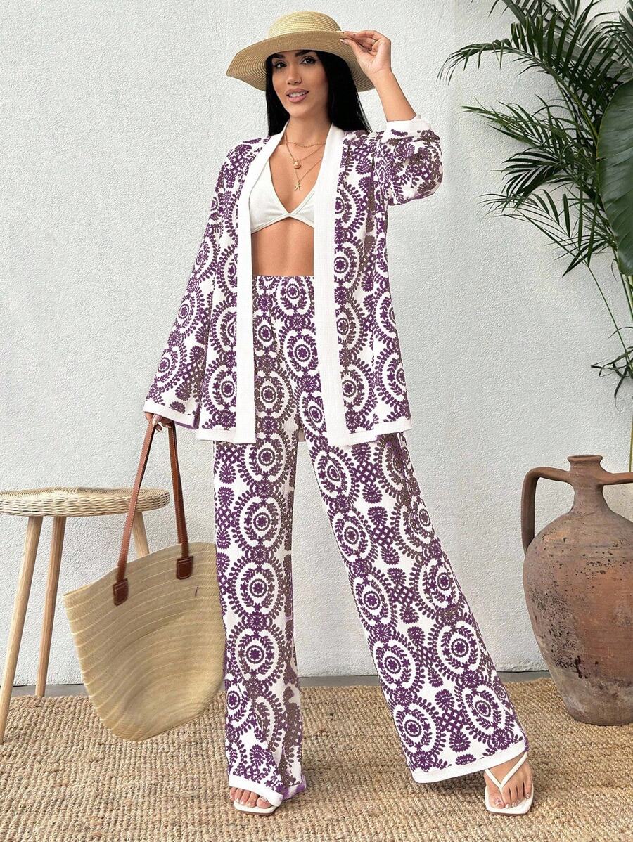 SHEIN Cottnline 2pcs Totem Print Kimono Cardigan & Wide Leg Pants Set - Purple - View 1