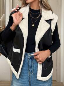 SHEIN LUNE Chaqueta sin mangas de mujer casual con bolsillos, de piel y peluda, chaleco de invierno cálido