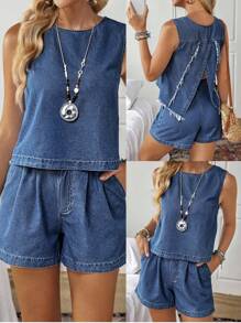 EMERY ROSE Bộ 2 món đồ denim thường ngày cổ tròn không tay mùa hè dành cho nữ và quần short xếp ly có túi - Rửa trung bình - Xem 1