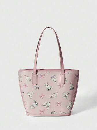 Kawaii Cesta de mano pequeña con estampado de gato lindo y moño rosa