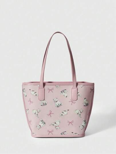 Kawaii Pink Cute Cat & Bow Print Pattern Small Tote Basket