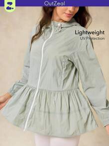 OutZeal Damska kurtka sportowa z ochroną UV, lekka, chłodząca, z falbaniastym brzegiem, chroniąca przed słońcem, na co dzień - Zielony - Zobacz 10
