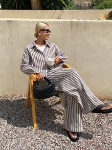 Livesso 2pcs Women Casual Striped Long Sleeve Blouse And Pants Set, Summer