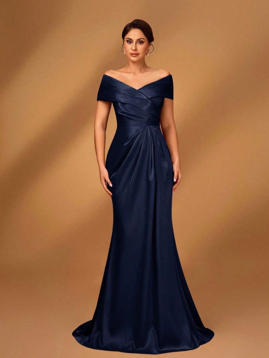 Serin Elegant Luxurious Satin Off Shoulder Ruched Ruffle Mermaid Dress, Suitable For Evening Party, Music Festival, Vacation, Wedding, Mother Of The Bride