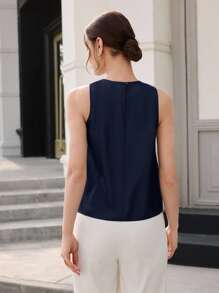 BizChic Navy Blue,Elegant,Office,Summer Shoulder Ruched Metal Decor Round Neck Sleeveless Satin Top,Urban Commute Versatile 90s Retro Wedding Guest Party - Navy Blue - View 3