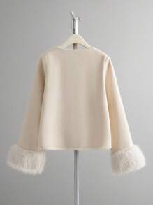 EMERY ROSE 女士对比色仿皮毛袖口仿珍珠羊毛 - 杏色 - 查看 2