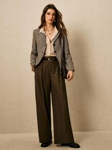 Poéselle 女士简约办公室 OL 纯色宽松百褶口袋休闲裤 - 深灰色 - 查看 6