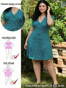 SHEIN EZwear Plus Size V-Neck Short Sleeve Allover Print Casual Mini Dress,Beach Dress Sundress,Holiday Outfits Boho