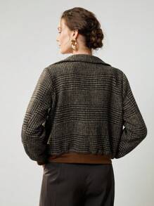 Uhlyne New Autumn/Winter Woven Turndown Collar Plaid Elegant Long Sleeve Casual Fitted Buttoned Design Women Jacket Coat,Autumn,Minimalist,Business Casual,Holiday Outfits,Work Wear,Teacher Outfits,Back To School,Fall,Old Money Style - Brown - View 3