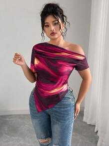Elenzga Plus Size Women Artistic Gradient Mesh Shoulder T-Shirt, Elegant Printed Holiday Blouse