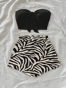 Soleia 黑色和杏色对比斑马纹女式短裤搭配黑色抹胸上衣两件套，夏季休闲度假风格斑马纹两件套两件夏季服装短款两件套斑马纹短裤套装两件短裤装2件套短款服装适合外出