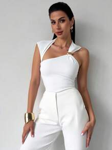 Firerie Asymmetric Shoulder Cross Ruched Backless Bodysuit With Metal Hardware Decor, Elegant Daily Office Wear, Summer & All Season - White - View 3