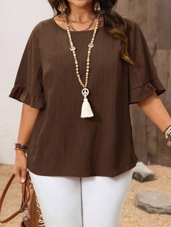 EMERY ROSE Plus Size Shirt Khaki Leaf Hem Short Sleeves Simple Fashion Casual Everyday Vacation Outfits Western Wear Women Summer Outfits For Women Beach Ruffle Plus Size Brown Blouses For Women Plus Size Brown Tops Brown Boho Tops For Women Plus Size Casual Blouses Plus Size Tops For Women Fall Women Clothes,Autumn,Fall Clothes  Fall Women Clothes Plus Size Brown Tops For Women Plus Size Blouses For Women Brown Plus Size Tops Plus Size Boho Tops
