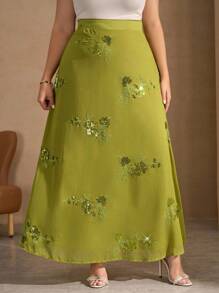 Chikora Falda larga de línea A elegante con bordado de lentejuelas para mujer de talla grande, falda larga de verano verde, falda larga floral, falda de lentejuelas, falda bordada, vuelta al colegio, estilo country, concierto country, dinero antiguo, casual de negocios
