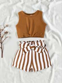 SHEIN Vintaside Kids Baby Girl Summer Knot Hem Tank Top And Striped Paperbag Waist Belted Shorts Set