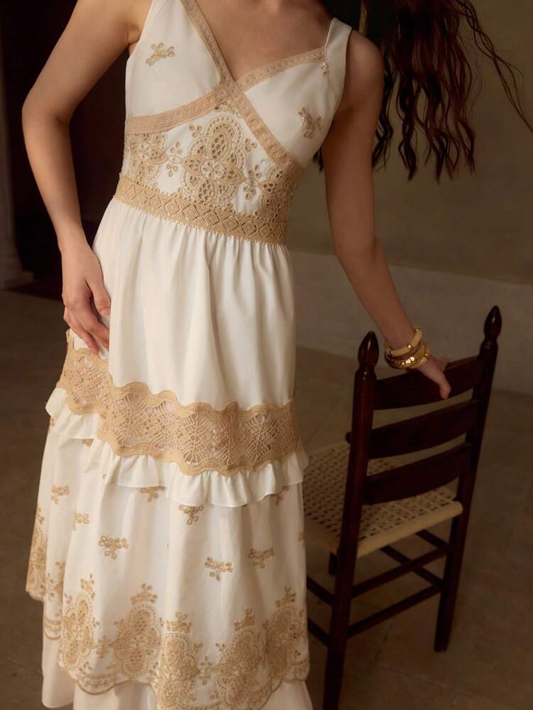 WOMEN'S COTTON EMBROIDERY CONTRAST LACE DRESS, SUMMER VACATION