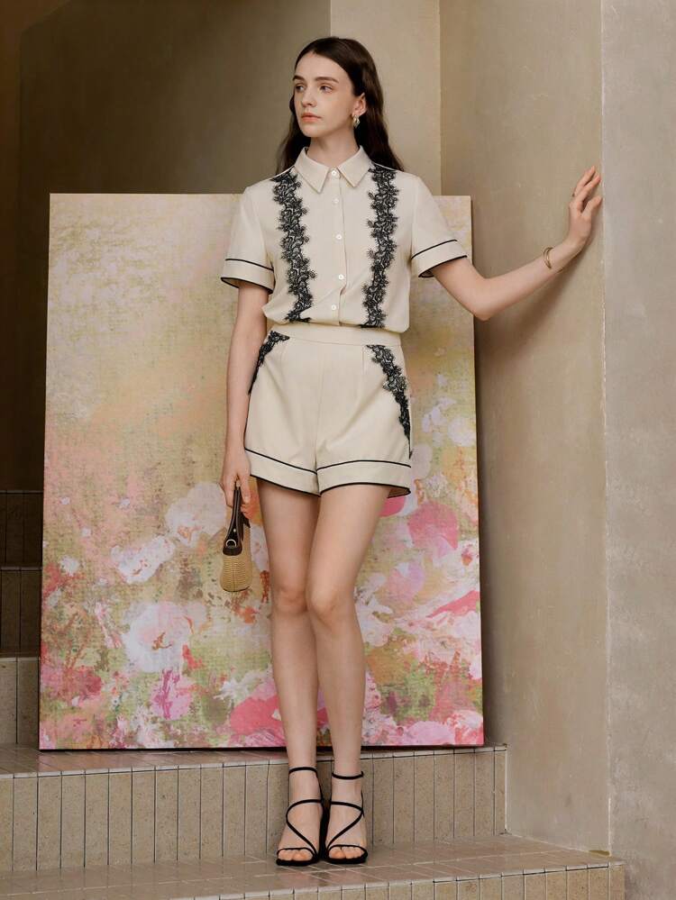 CONTRAST PIPING LACE DETAIL BUTTON UP SHIRT