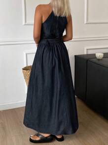 Livesso Western Cowgirl Sleeveless Cinched Waist A-Line Midi Skirt Casual Holiday Denim Dress For Women, Summer