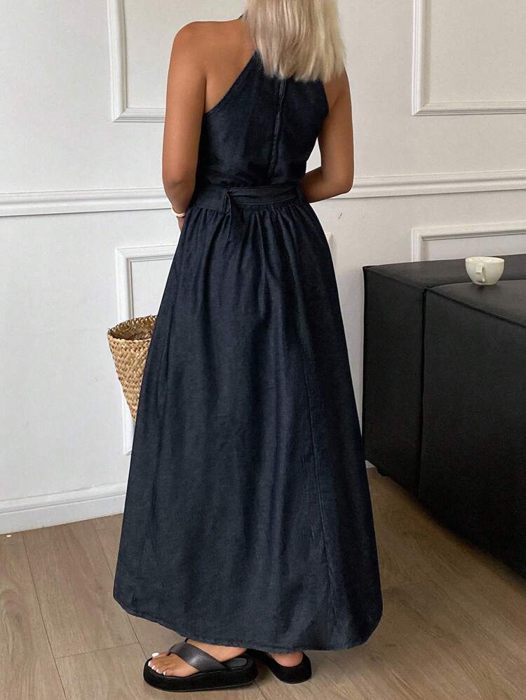 Western Cowgirl Sleeveless Cinched Waist A-Line Midi Skirt Casual Holiday Denim Dress For Women, Summer