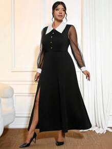 Cravure Women's Plus Size Elegant See-Through Mesh Stitching Long Sleeves Neckline Contrast Lapel With Buttons Solid Color Side Slits Maxi Dress Shirt Dress Elegant Business Casual Summer Women Outfit Spring Dress Formal Women Dresses Maxi Graduation Dress