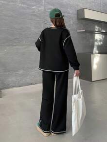 SHEIN 少女撞色针织宽松卫衣和阔腿裤两件套，开衩设计，休闲街头风开学装 - 黑色 - 查看 3