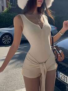 INAWLY Women's Fashion Casual Solid Color Bodycon Jumpsuit, Minimalist Design For Daily Wear & Holiday - Apricot - View 2