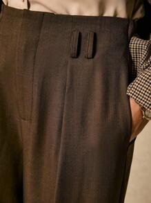 Poéselle 女士简约办公室 OL 纯色宽松百褶口袋休闲裤 - 深灰色 - 查看 3