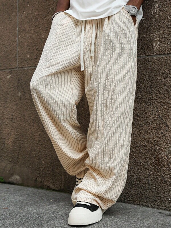 Manfinity Hypemode Men's Casual Baggy Straight Leg Pants, Soft & Comfortable Textured Fabric, Suitable For Streetwear, Hip Hop, Skateboarding And Daily Wear, Perfect Gift For Boyfriend/Husband, Y2K Style , Mens Striped Pants , Mens Loose Straight Leg Casual Pants