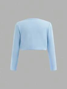 SHEIN 少女两件套休闲纯色长袖外套，适合秋冬季穿着，时尚百搭 - 藍白色 - 查看 7