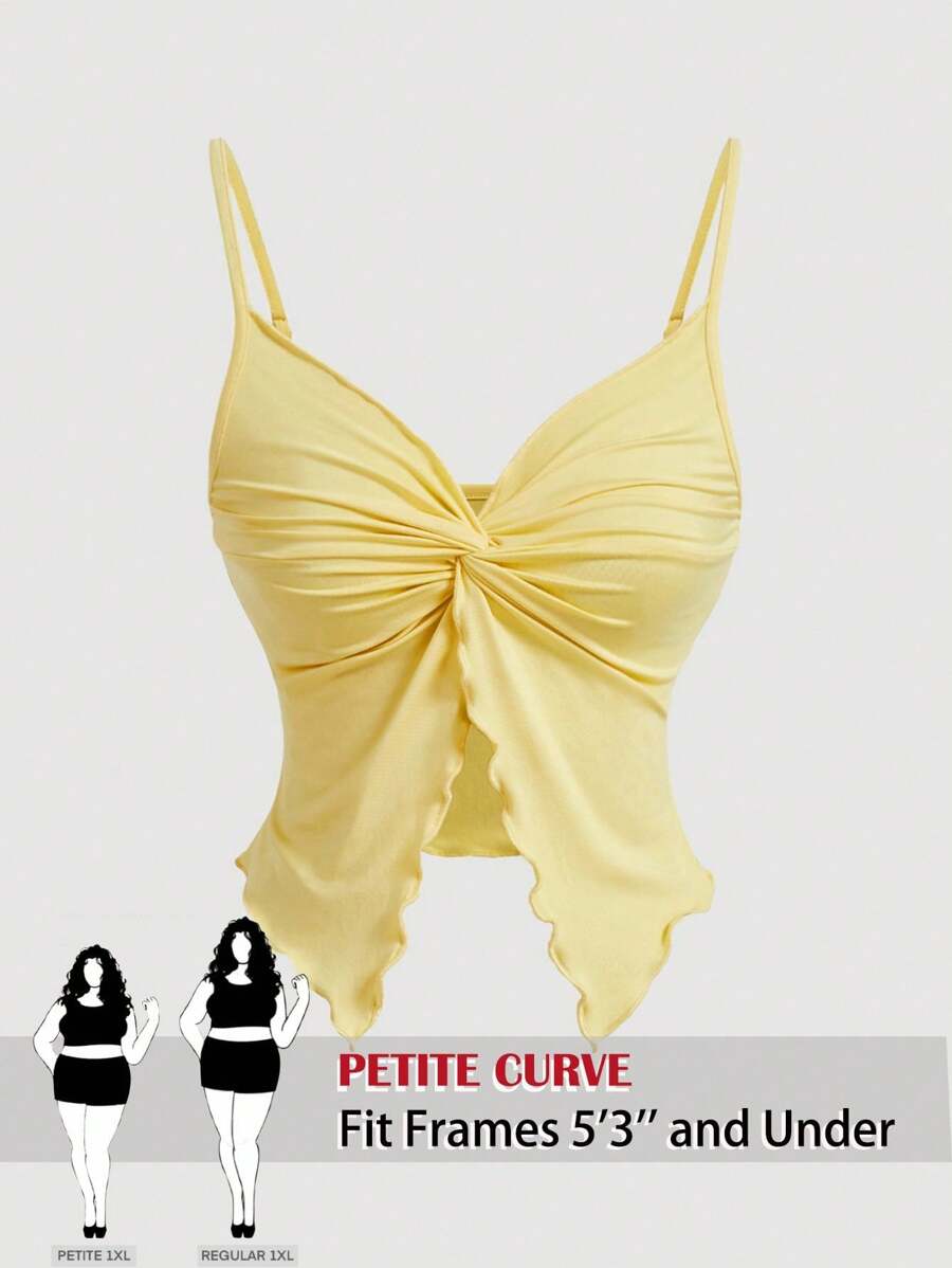 SHEIN PETITE CURVE Women's Plus Size Twist Front Crisscross Sleeveless Top,Cute Tops,Cami Yellow Blouse For Women Summer Clothes Women  Butter Yellow Tops Y2k Top,For People Of Shorter Stature - Mustard Yellow - View 1