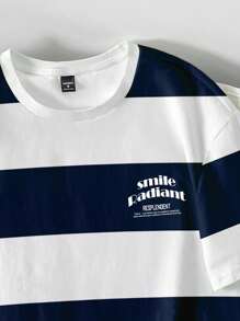 Manfinity Joysei Áo thun nam cổ tròn tay ngắn in chữ và sọc mùa hè cỡ lớn - Màu xanh lam - Xem 4