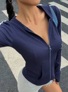 DAZY Color Blocking Striped Hooded Fitted Outdoor Jogging Yoga Sports Jacket - Navy Blue - View 1