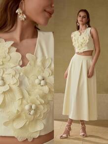 MOTF PREMIUM APPLIQUES WAISTCOAT & FOLD PLEATED SKIRT OUTFIT - Apricot - View 7