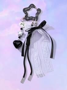 ROMWE Anime 1 pieza Estilo gótico vintage punk negro hueco de acrílico en forma de estrella, corazón, cinta de tul blanco trenzado Llavero DIY, Colgante de bolso, Colgante de teléfono, Regalo para mujeres, niñas, Halloween - Negro - Ver 8