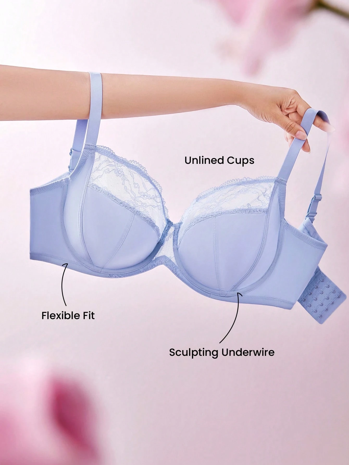 Soutien-gorge minimisateur bleu élégant en dentelle et maille respirante avec armatures pour une couverture complète, lingerie sexy