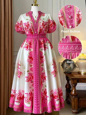 Rometta Plus Size Women Floral Print Stand Collar Puff Sleeve Vacation Dress