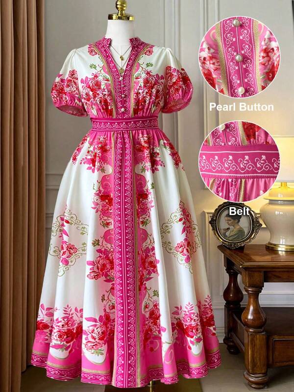 Rometta Vestido de vacaciones de talla grande para mujer con estampado floral, cuello alto y mangas abultadas