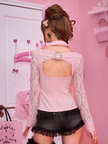 ROMWE J-Fashion Áo sơ mi nữ Vintage Gyaru Shinjuku Gyaru ren chắp vá kẻ sọc hở lưng gợi cảm phụ kiện trang trí kim loại - Hồng - Xem 2