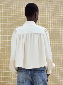 Lumivelle 夏季复古风穿搭，复古优雅奶油黄简约立领泡泡袖休闲通勤外套，适合日常通勤和春季大学校园穿着。 - 杏色 - 查看 2