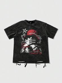ROMWE MEN Grunge Punk Maglietta uomo con grafica punk di strada e effetto vissuto