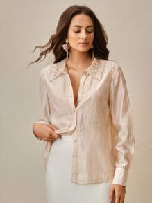 Anewsta Ladies' Independence Day In Spring And Summer, The New Small Fragrance Lace Heavy Craft Collar Custom Hand Beaded Embroidery Cute Long-Sleeved Pink Shirt Top. - Pink - View 4