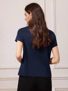 Briarwyn Women's Casual Round Neck Faux Pearl Beaded Alphabet Pattern Short Sleeve T-Shirt, Summer,Fall Women Clothes,Old Money Style Women,Vacation Outfits Woman - Navy Blue - View 5